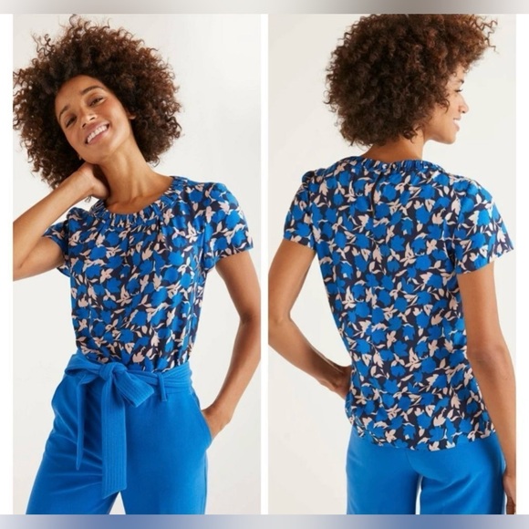 BODEN Carey Top Bold Blue Blouse Floral Clematis Shirt Black Pleated Neckline - Picture 14 of 16
